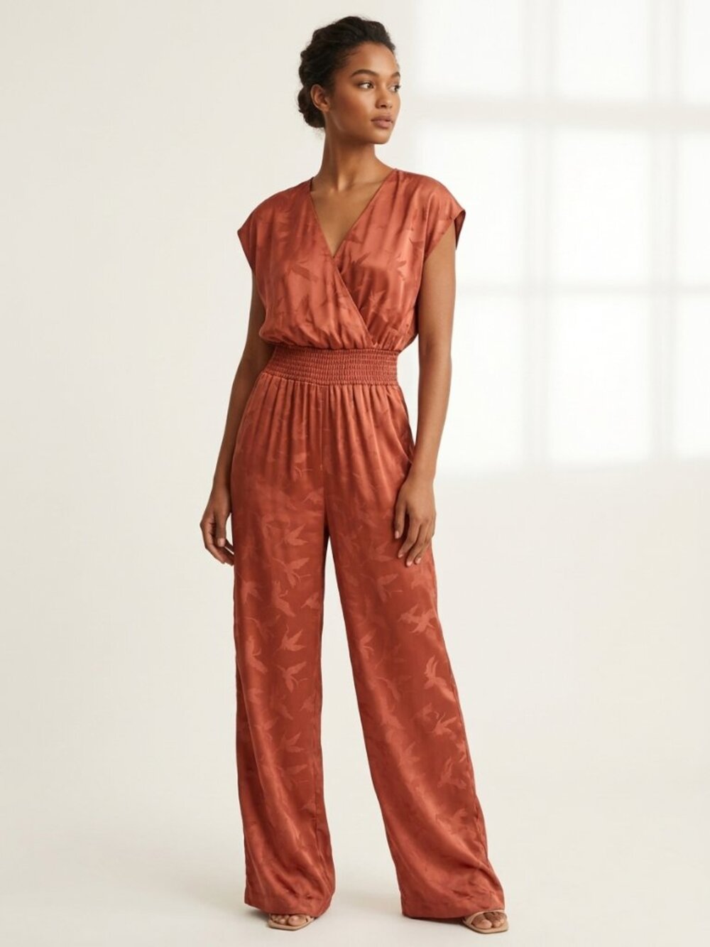 Maje Rust Terracotta Bird Crane Print Satin Jumpsuit & Romper